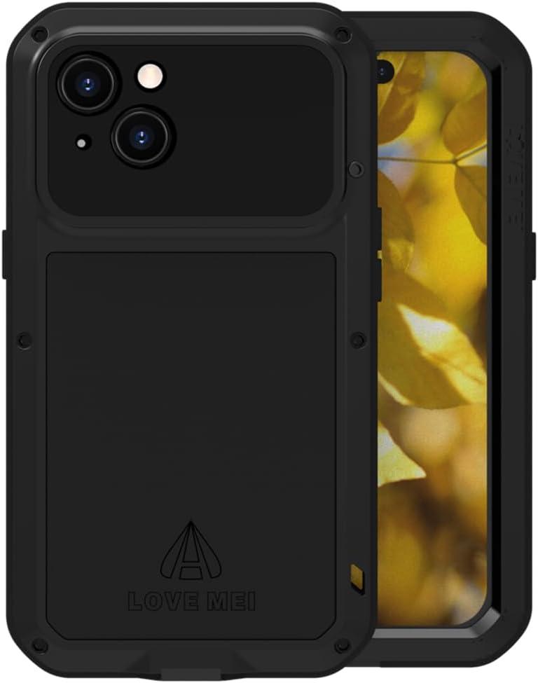 LOVE MEI Compatible with iPhone 15 Case, Outdoor Sports Waterproof Military Heavy Duty Shockproof Dust/Dirt Proof Hybrid Aluminum Metal+Silicone+Tempered Glass Full Body Case Hard Cover (Black)