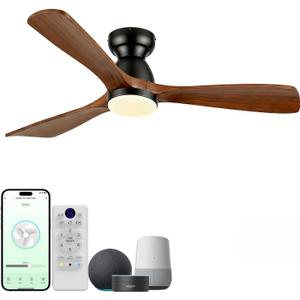 52in Smart Flush Mount Ceiling Fans with Lights,Outdoor Low Profile Wood Ceiling Fan Quiet DC Motor,Work with Alexa/Gg Voice Control/App/Remote,Dimmable,6-speed,3 Wood blades Fan for Patio,Dark Walnut