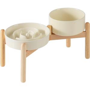 Havniva Ceramic 1.2 Cup Raised Slow Feeder Dog Bowl Set, Elevated 6.1inch Bowl and 7.3inch Puzzle Slow Food Dish with Wooden Stand for Medium and Small Dog, Anti-Gulping (2 xLight Yellow+ Stand)
