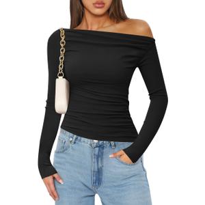 ZESICA Womens Off Shoulder Long Sleeve Tops 2026 Spring Casual Boat Neck Ruched Slim Fit Going Out Y2k Shirts Blouses (Black, M)
