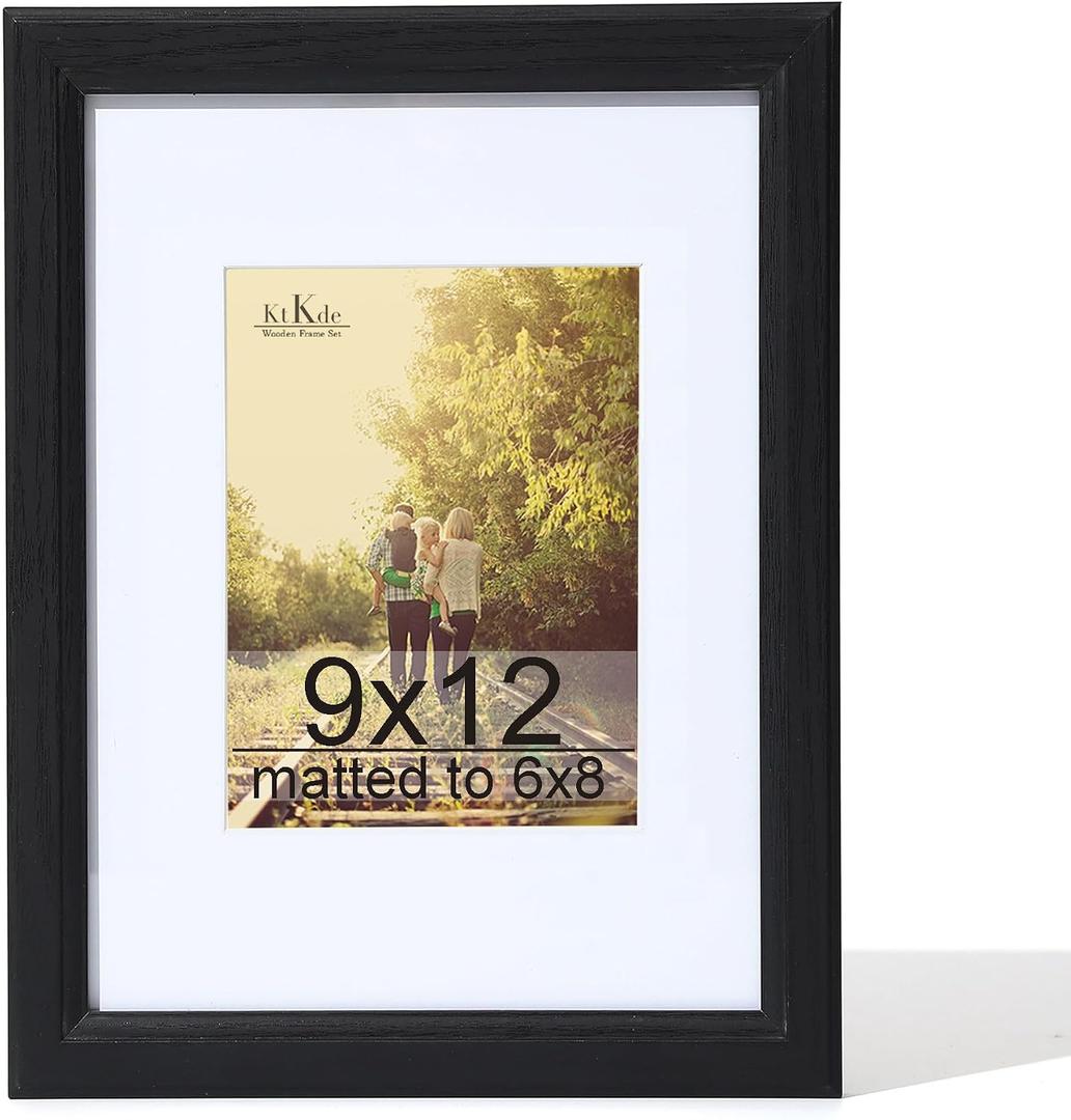 KTKDE 9x12 Wooden Picture Frame,Display Pictures 6x8 with Mat or 9 x 12 Without, Tempered Glass, 9 by 12 Black Frames Wall Gallery Photo Frames Poster Frame best gift