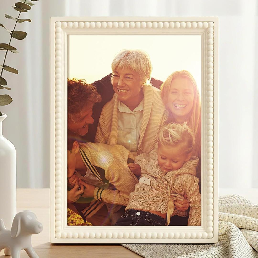 Geelin 8 x 10 Wooden Beaded Picture Frame Display Picture 8 x 10 Boho Farmhouse Photo Frame Birthday Wedding Anniversaries Gift for Vintage Rustic Wall Tabletop Display Decor, White (9 x 12)