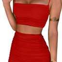 BEAGIMEG Women's Ruched Cami Crop Top Bodycon Skirt 2 Piece Outfits Dress (Red, S)