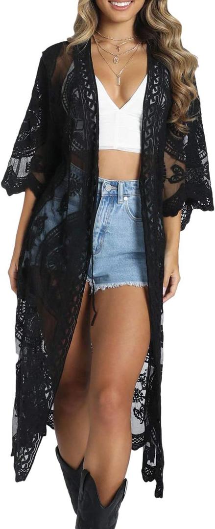 Bsubseach Women Mesh Cardigan Bikini Beach Kimono Open Front Swimsuit Cover Ups Swimwear