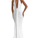 Women's Sexy Deep V-Neck Maxi Dress Sleeveless Halter Ruched Bodycon Formal Cocktail Party Evening Dresses,White,L Size 8