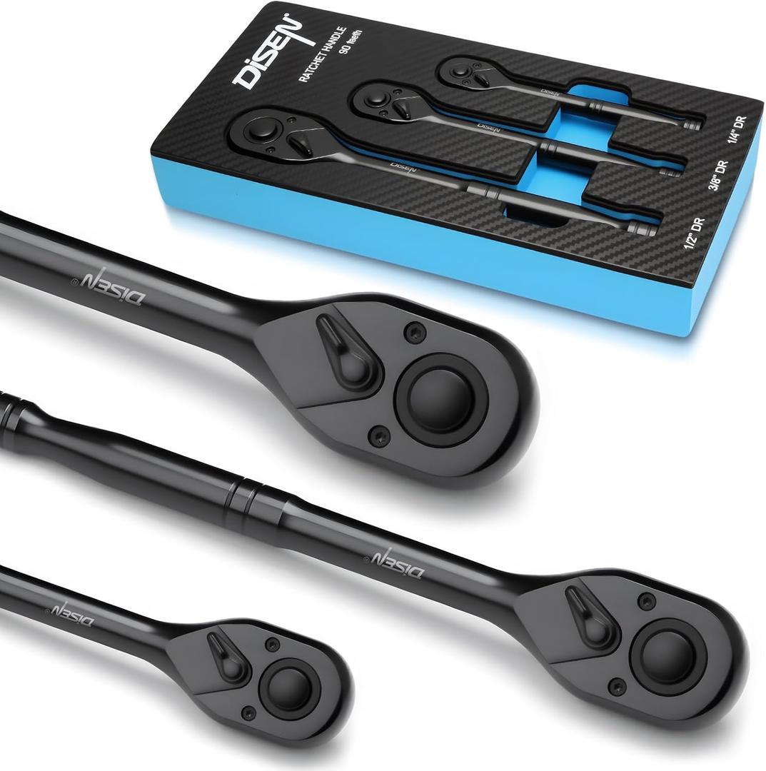 DISEN 3PCS Black Ratchet Wrench Set (1/2", 3/8", 1/4" Drive) - 90-Tooth Drive Ratchet Socket Wrench, Black Oxide Finish with Reversible Quick Release & EVA Tray - Industrial Ratchet Wrench Kit