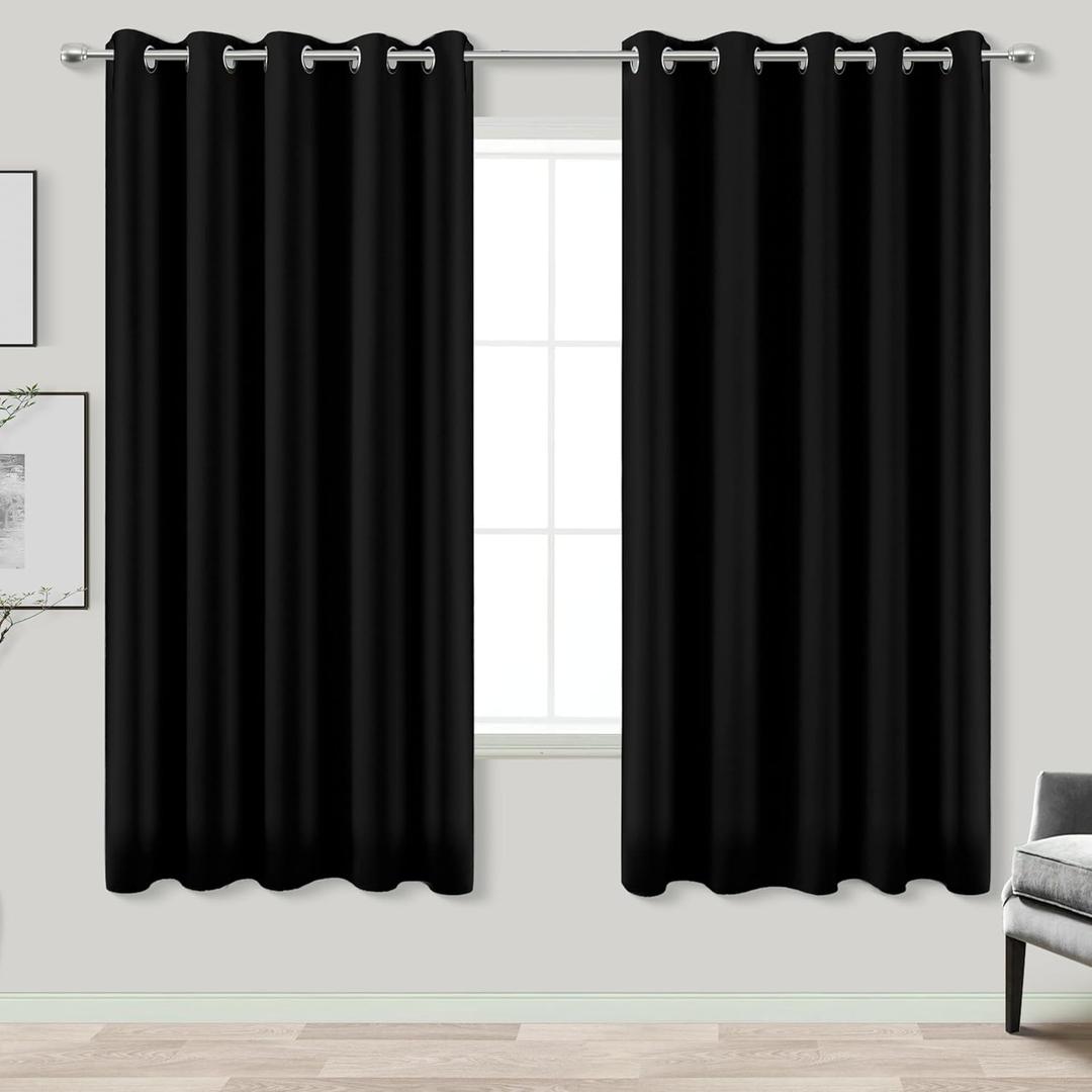 KOUFALL Black Curtains for Bedroom 63 Inch Length x 72 Inches Wide,Room Darkening Black Out Curtain 72x63 Inches Long