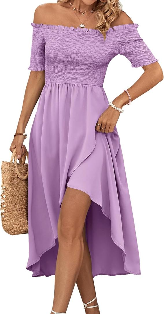 Umenlele Women's Off Shoulder Smocked Wrap Asymmetric Swing Hem Short Sleeve Summer Midi Dress (X-Large, Light Purple)