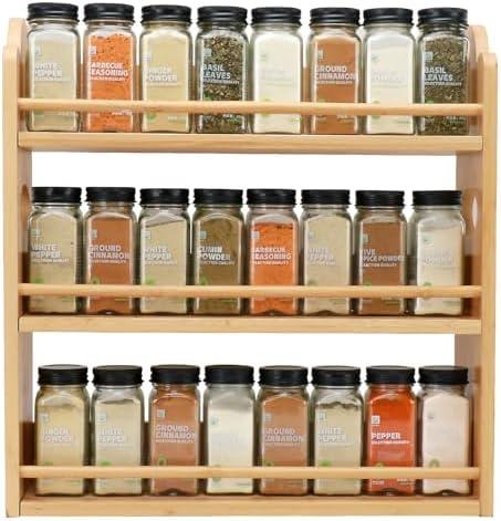 Thalomely 3 Tier Bamboo Spice Rack, Spice Rack Organizer, Seasoning Jars Rack Shelf Spice Organizer for Kitchen Counter or Wall Mounting, Spice Storage Holder with handles, Jars Not Included,Natural