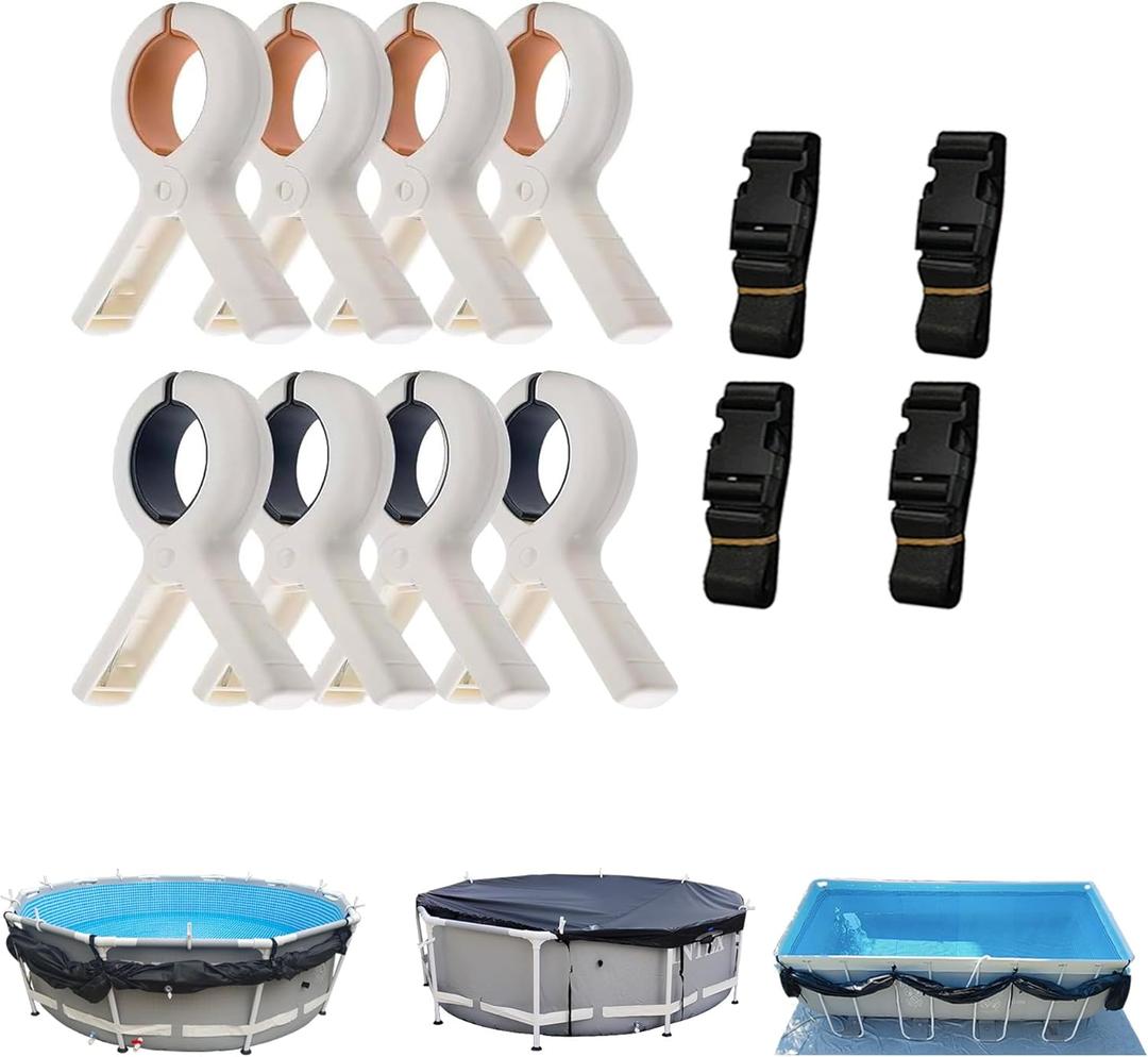 SIHAIAN Pool Cover Clip Kit and Pool Cover Side Organizer Straps, Assist Single Person to Install Cover and Side Holder for Easy Access (4X Organizer Straps, 8X Clips)