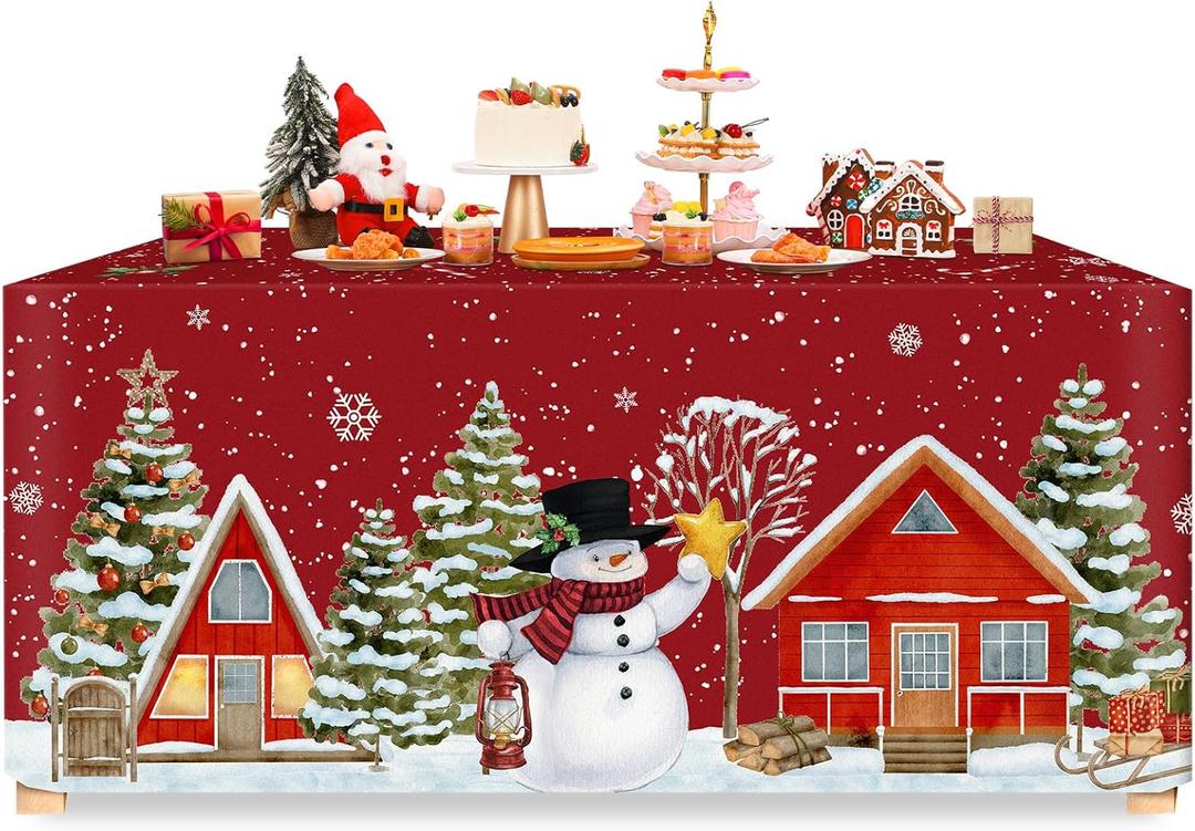 VitalCozy Christmas Rectangle Fitted Tablecloth Reusable Washable Merry Christmas Table Cover for Winter Xmas Holiday Party Decoration Dining Supplies(72" X 30",Winter Snowman)