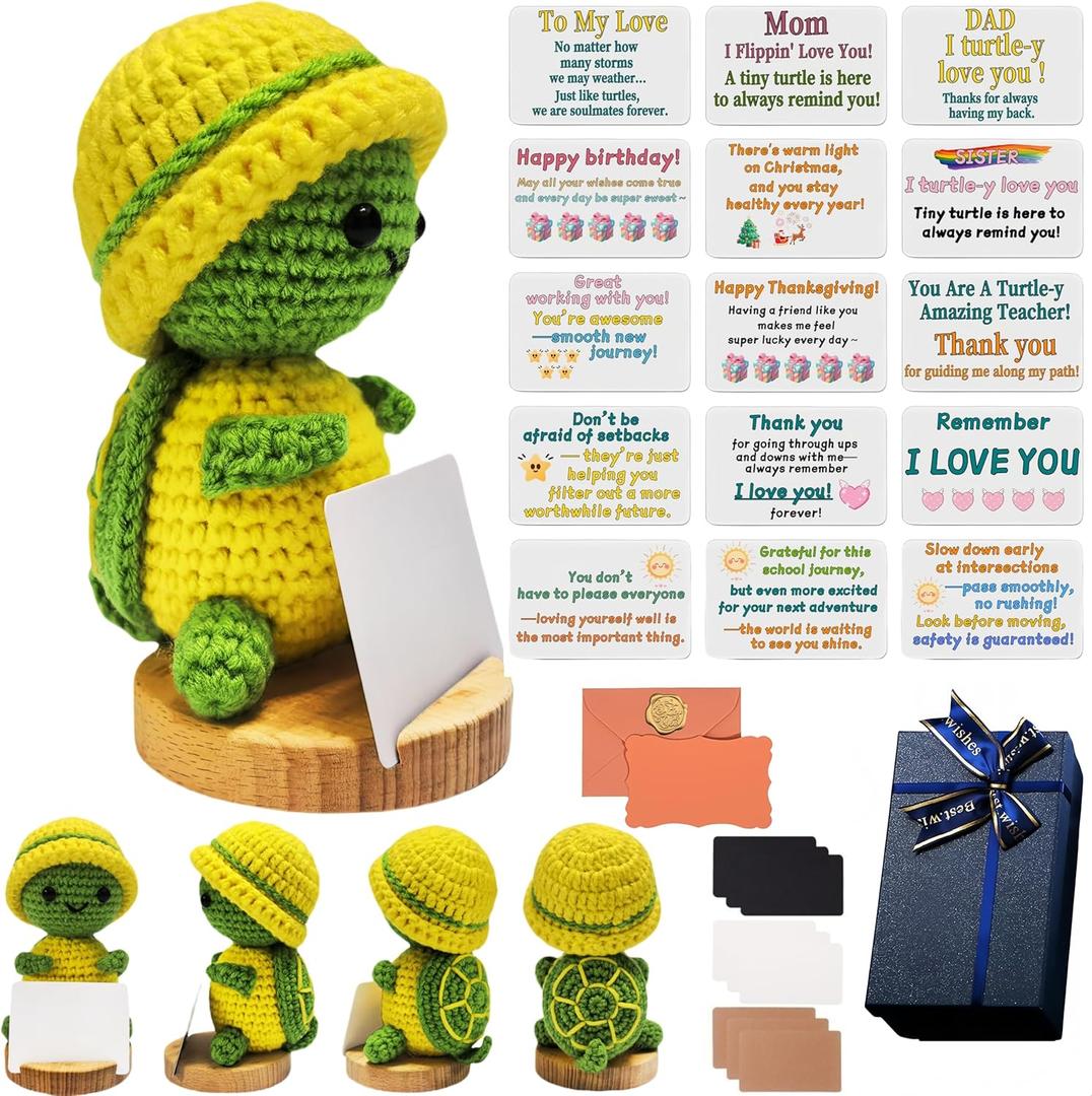 Positive Crochet Animals Appreciation Luxury Gift Set Inspirational Emotional Support Sea Turtle Desktop Decor Perfect for Couples Parents Coworkers Teachers Birthdays (Yellow (ordinary wooden base))