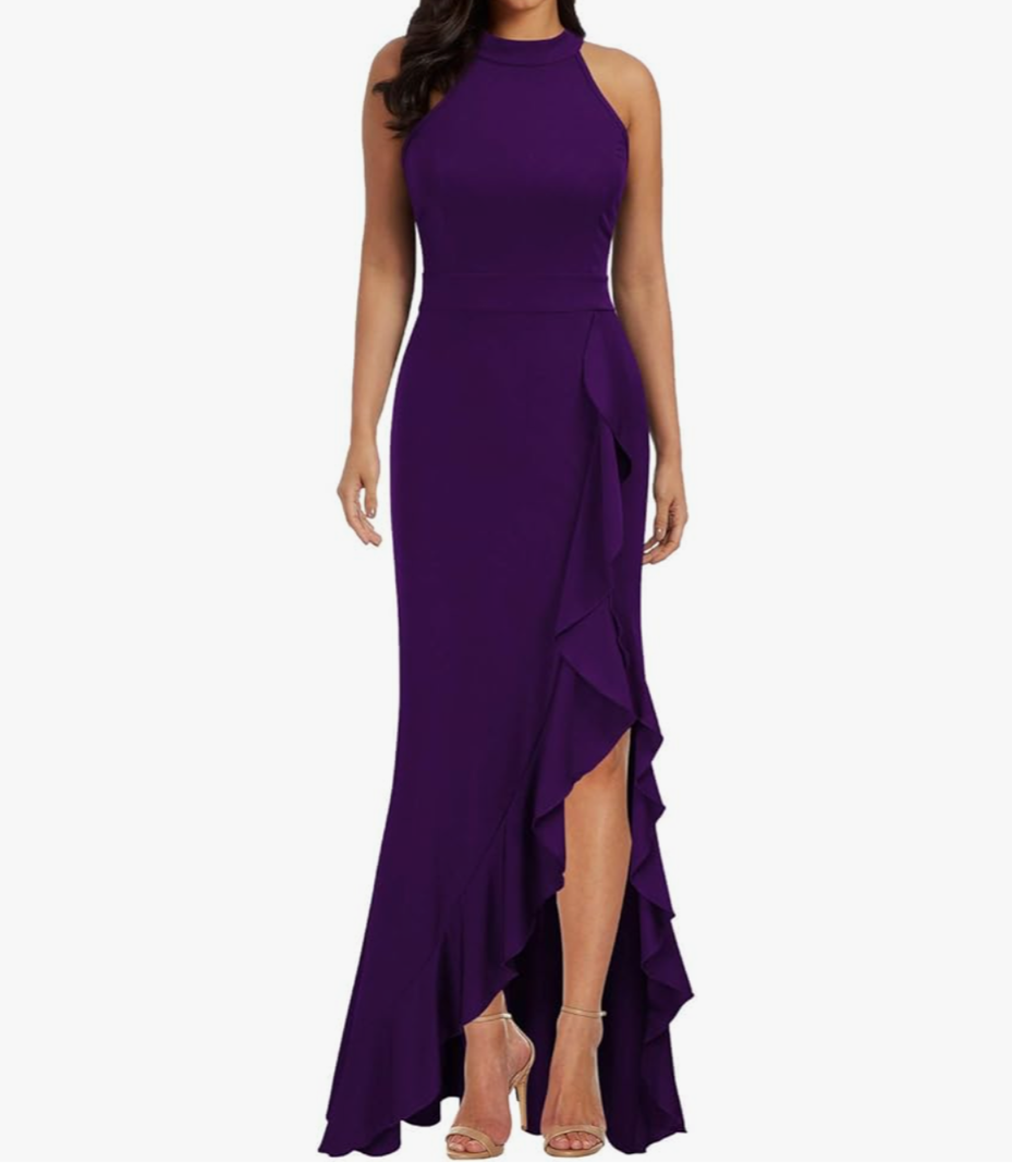 WOOSEA Women's High Neck Split Bodycon Mermaid Evening Cocktail Long Dress Dirty Size L