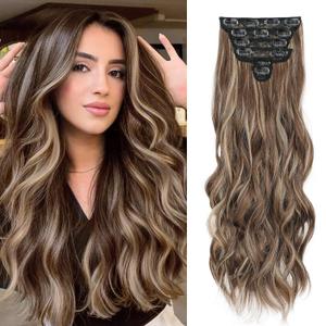 Clip in Hair Extensions for Women, Brown with Blonde Highlights, 24 Inch 6PCS Hairpieces Long Wavy soft Thick Hair Extensions clip ins