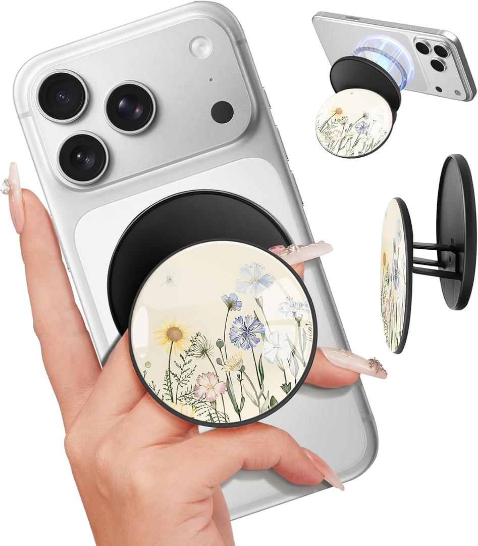 Kidcube Magnetic Phone Grip Compatible with Magsafe - Cell Phone Grip Stand Magnetic Ring Holder Finger Kickstand for iPhone 17 16 15 14 13 12 Series Magnet Removable Accessories Cute Flower Floral
