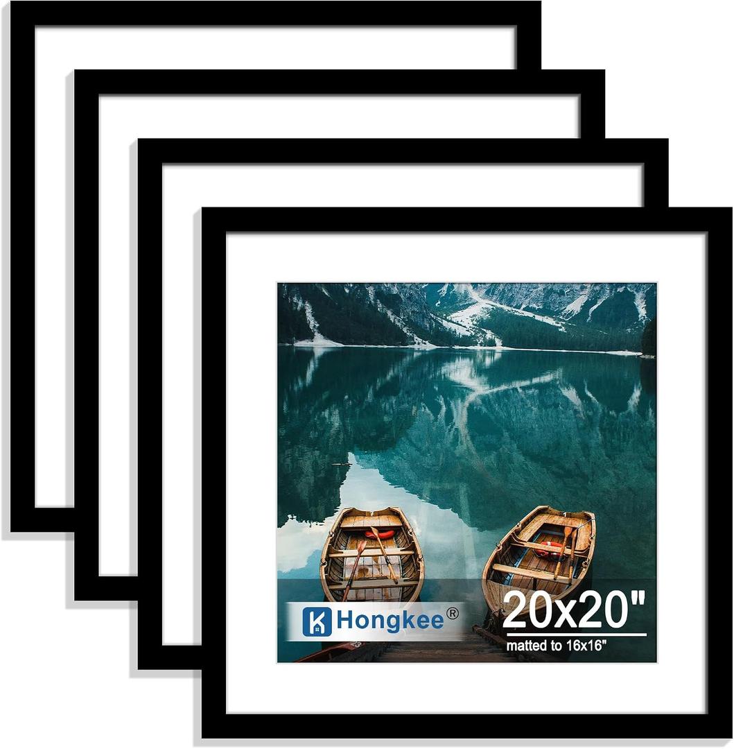 Hongkee 20x20 Frame Set of 4, 20 x 20 Black Wood Style(Mat 16x16), 20X20 in
