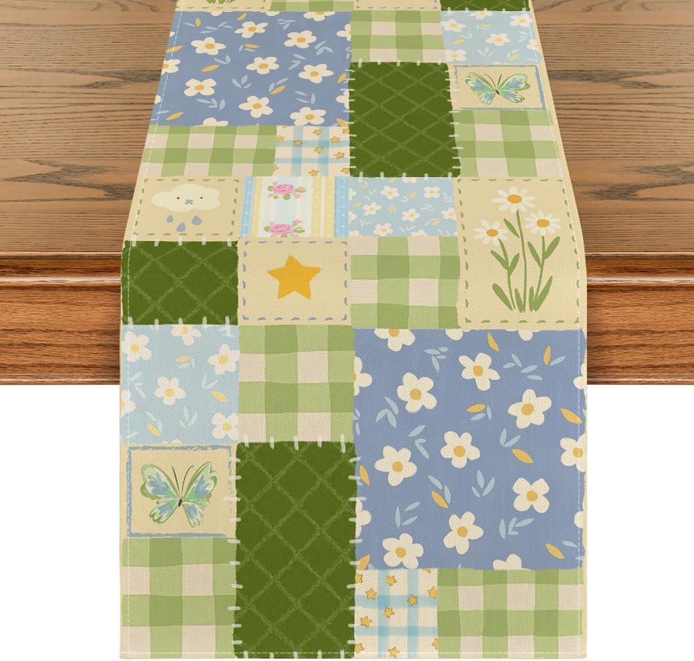 Artoid Mode Patchwork Buffalo Plaid Floral 210 GSM Spring Table Runner, Seasonal Summer Kitchen Dining Table Decoration for Home Party Decor 13x36 Inch