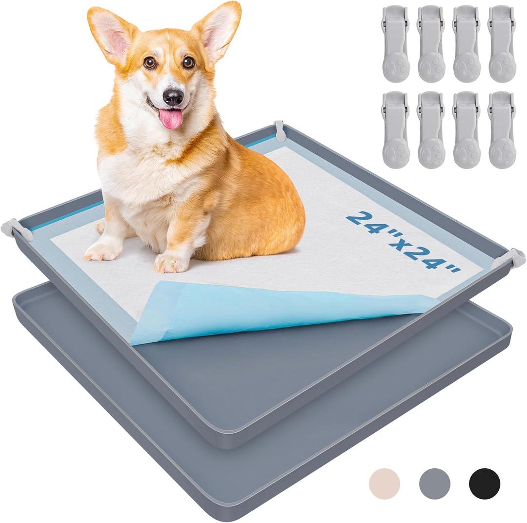 LOOBANI Dog Pee Pad Holder - 2 Pack Silicone Puppy Potty Tray With High Edge and 4 Clamps for Training - Fits Up to 24" x 24" Pads, Gray
