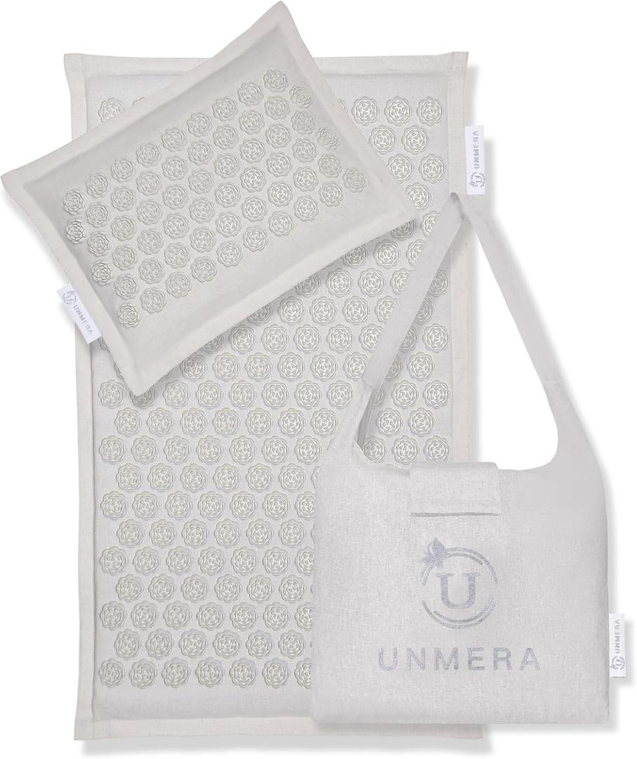 UNMERA Acupressure Mat and Pillow Set,Natural Eco Linen & Coconut Fiber Filling,for Back/Neck Pain Relief, Sciatic, Headache and Muscle Relaxation, Comes with Carrying Bag (Xl-3- Piece Set- Linen Grey)