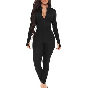 Mizoci Women's Sexy One Piece Jumpsuit Bodycon Long Sleeve V Neck Zipper Full Bodysuit, Small, Black