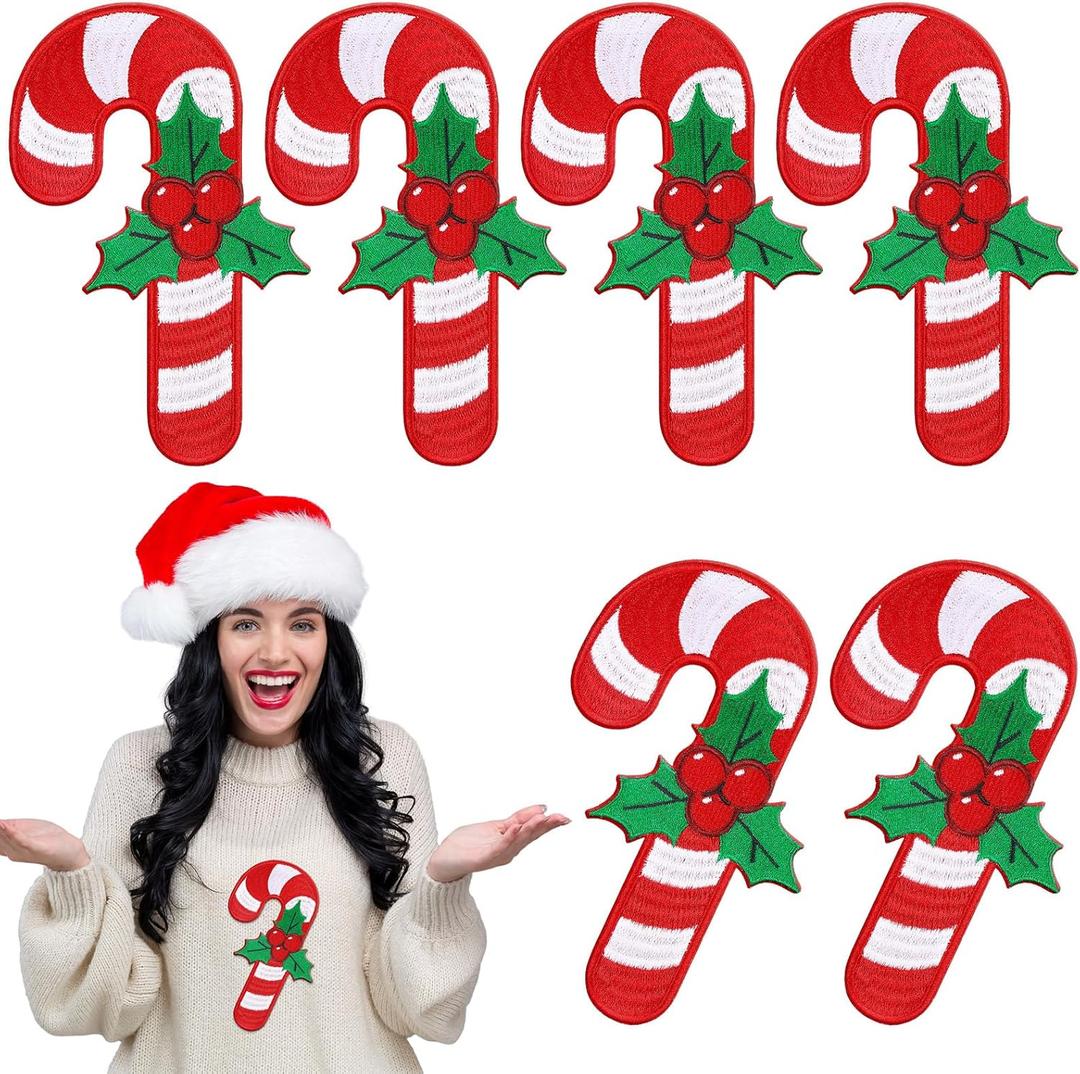6 Pcs 7'' Large Size Christmas Iron-on Patch Candy Cane Iron on Patches Appliques Embroidery Patches Bulk for Crafts Clothes Jeans Hats Sweaters Jacket Bags Accessories DIY