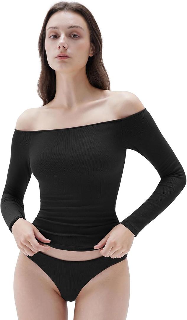 SUUKSESS Women Padded Off The Shoulder Tops Ribbed Long Sleeve Shirts Fall Basic (Large, Black)