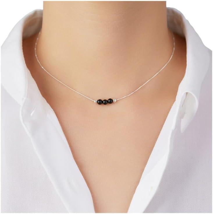 Dainty Crystal 925 Sterling Silver Choker Collar Necklace Handmade With 3 Beads Birthstone Jewelry Gifts for Women Young Lady Mother Friends Keenove (Black Onyx)