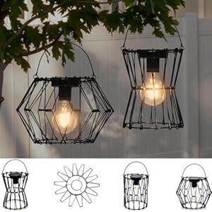 Solar Lanterns Outdoor Waterproof, 2 Pack Stretchable Metal Hanging Solar Lantern Lights, Auto ON/ Off Hanging Handle Lamps Decorations for Outside Patio Porch Garden Yard Pathway