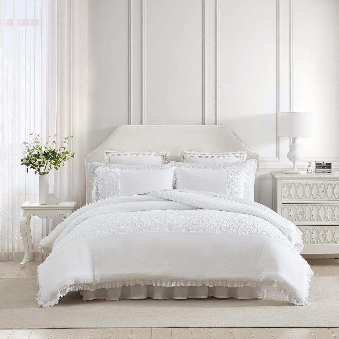 Laura Ashley- Twin Comforter, Reversible Bedding Set with Matching Sham, Dorm Essentials (Eyelet Ruffle White)