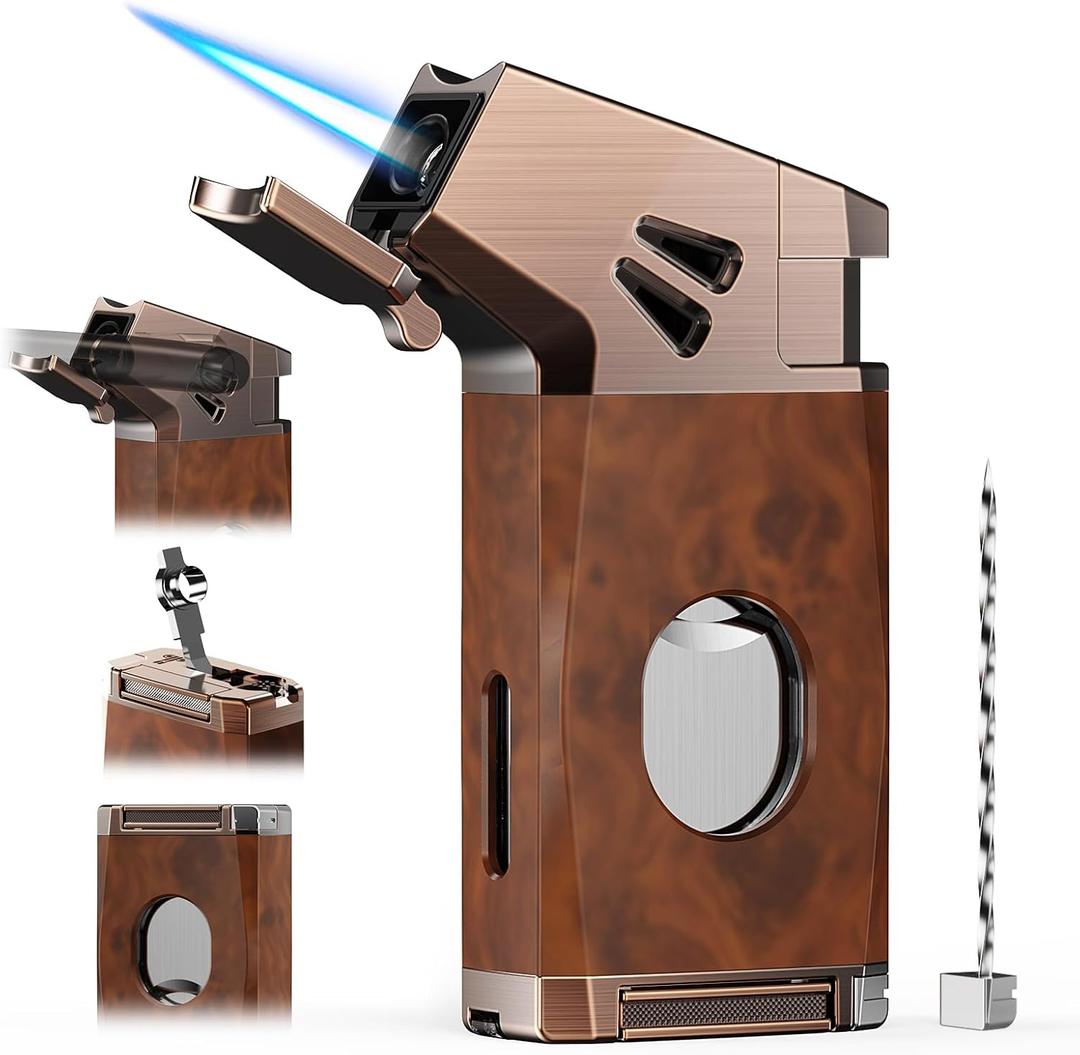 5-in-one Torch Lighter with Straight Tool, Built in Punch, Holder, and Draw Enhancer Tool, Windproof Jet Flame Lighter, Refillable Butane Torch Lighter Gifts for Men, Cool Lighter for Candle, Travel