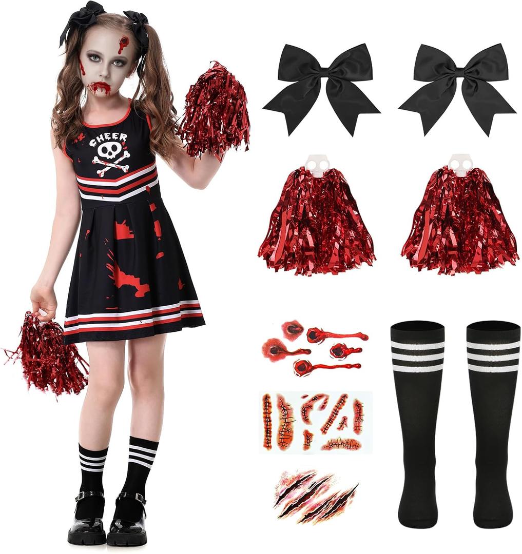 Halloween Cheerleader Costume for Girls, Zombie Cheer Uniform Outfit, Scary Cheerleading Costume for Party Dress Up (9-10Years)
