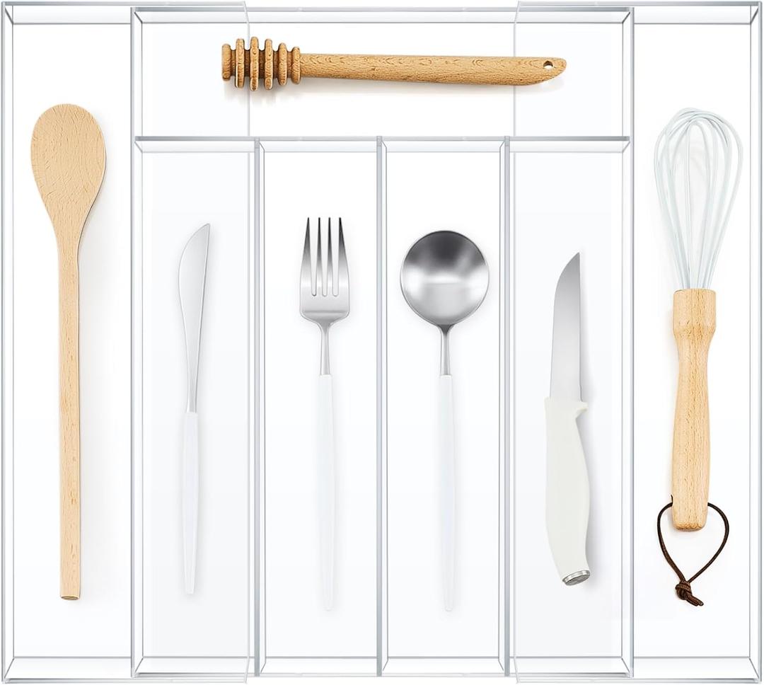 Teenyyou Expandable Kitchen Drawer Organizer Clear Acrylic Utensil Organizer Adjustable Acrylic Silverware Storage for Kitchen Drawers Silverware Flatware Knives(5-7 Compartments, 12 x 16 Inches)