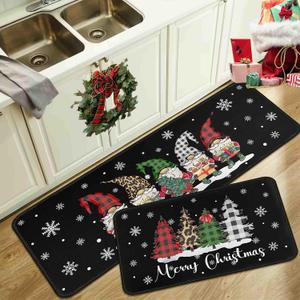 Christmas Gnomes Black Kitchen Rugs and Mats Set of 2, Winter Holiday Party Low-Profile Floor Mat Decorations for Home Kitchen 17"x47"+17"x30"