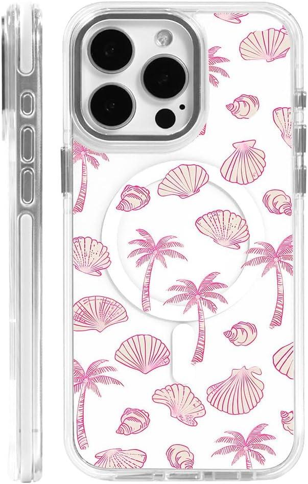 DAIZAG Case for iPhone 16 Pro, [Compatible with MagSafe],Pink Seashells Palm Trees Beach Phone Case for Women Girls Magnetic Clear Cover Case for iPhone 16 Pro