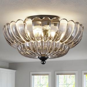 Modern Black Ceiling Light Fixture, 12" Grey Glass Flush Mount Chandeliers, Semi Flush Mount Ceiling Light Fixture Suitable for Living Room Hallway Kitchen Bedroom