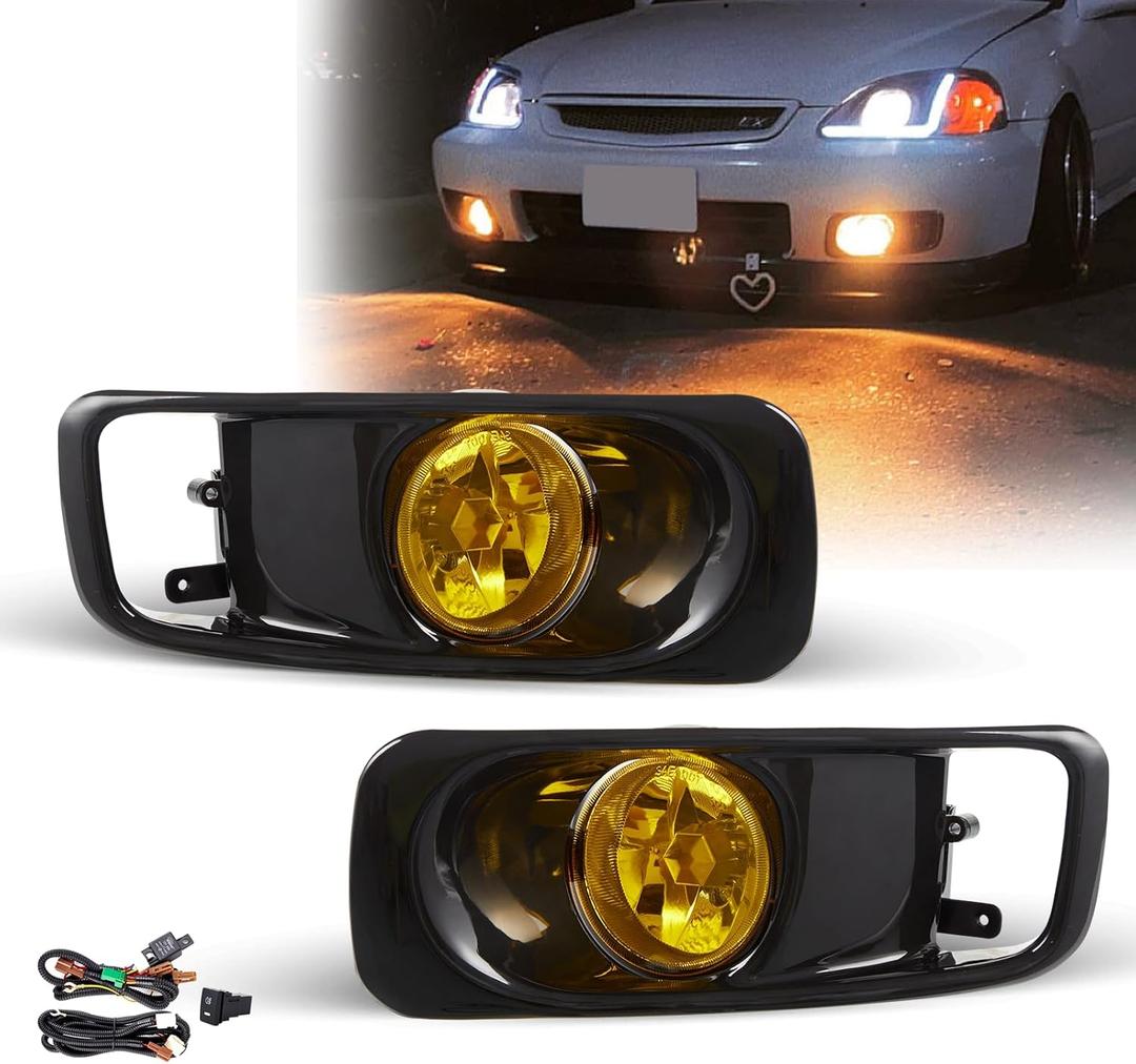 Fog Lights Assembly for 1999 2000 Honda Civic Replacement Lamps Kit with Wiring And Switch H3 12V 55W Halogen Bulbs Yellow Lens