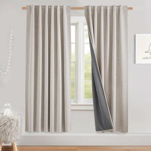 NICETOWN Natural Linen Blackout Curtains for Farmhouse, W52 x L78 Inch, Set of 2, Thick Linen Blend Insulated Rod Pocket Back Tab Draperies with Gray Liner, Drapes for Bedroom, Living Room, and More