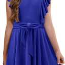 storeofbaby Girls Casual Ruffle Dress Elegant A-Line Flowy Dresses with Belt 5-14 Years (8-9 Years)