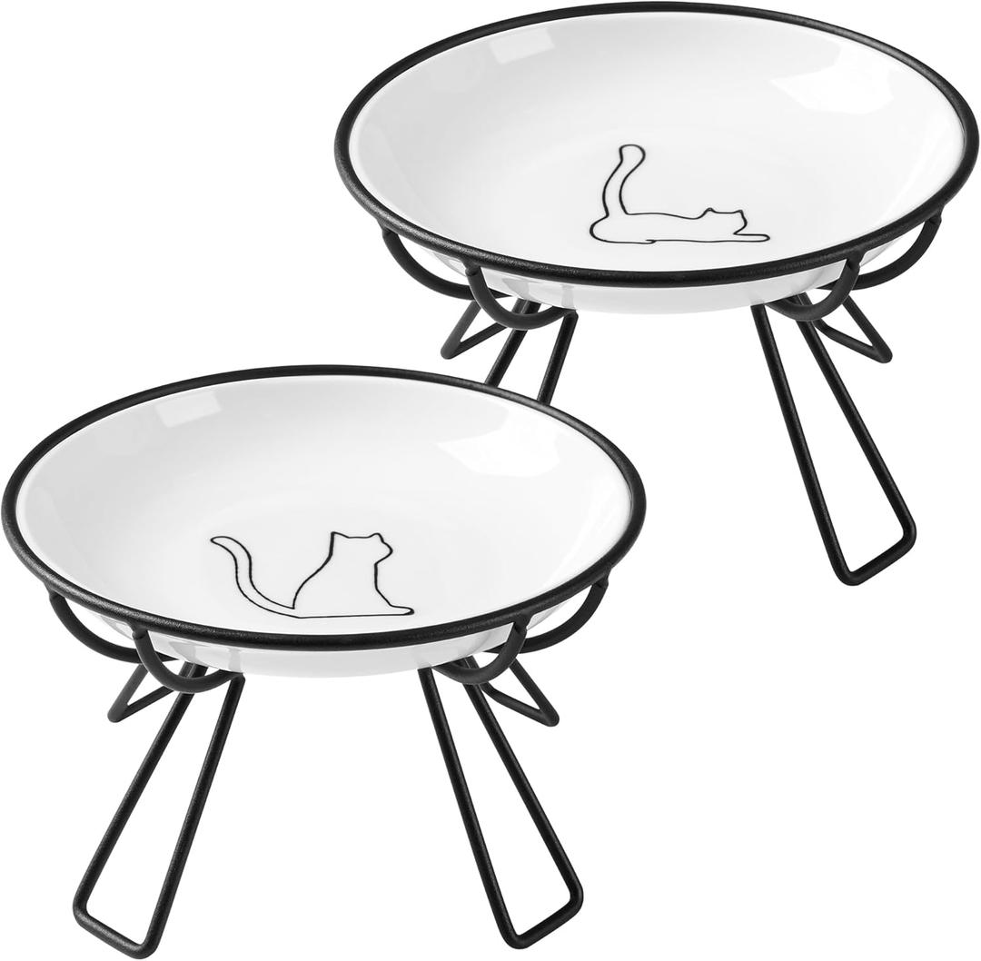 Ceramic Elevated Cat Bowls - Whisker Friendly, Anti-Vomiting, Stylish & Hygienic Cat Bowl Set (Line Cat, 2 Pack)