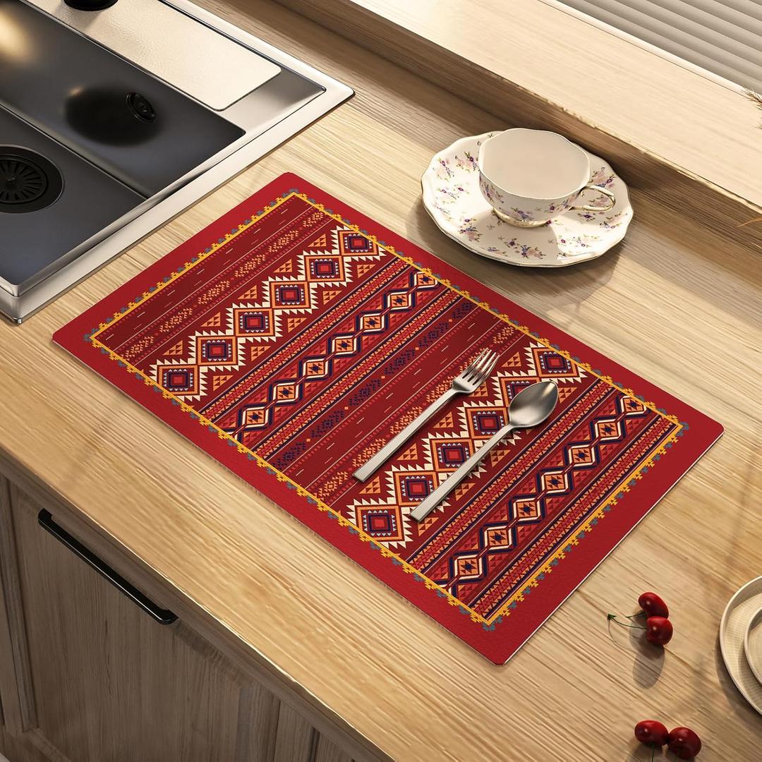 Dish Drying Mat Bohemian Absorbent Coffee Mat Rubber Backed Moroccan Soft Silicone Kitchen Dish Draining Mat for Kitchen Bathroom Coffee Bar (Boho Red, 12 x 16 Inches)