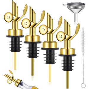 Tioncy 4 Pieces Weighted Stainless Steel Pourers Olive Oil Spout Olive Oil Dispenser Spout Automatic Opening and Closing with Funnel and Brush for Pouring Wine Syrup Kitchen(Gold)