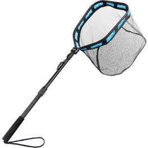 PLUSINNO Floating Fishing Net for Steelhead, Salmon, Fly, Kayak, Catfish, Bass, Trout Fishing, Rubber Coated Landing Net for Easy Catch & Release, Compact & Foldable for Easy Transportation & Storage (19.7"/50cm Hoop Size length 1.35M Blue (Telescopic Pole))