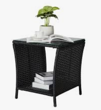 Outvita Outdoor Side Table, Rattan Coffee Table Small End Table with Glass Top Storage for Patio Porch Backyard Balcony