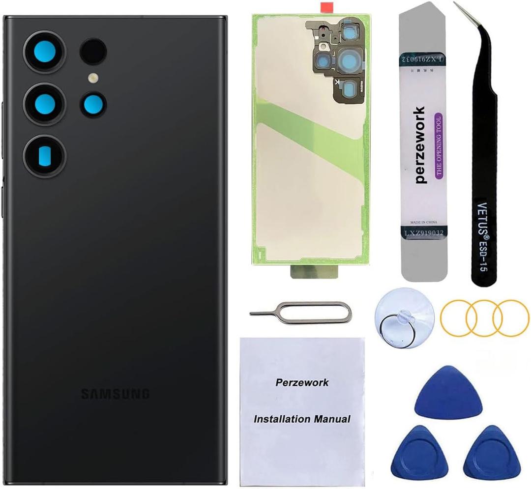 Rear Back Glass Replacement Compatible with Samsung Galaxy S23 Ultra 6.8-inches with Reparing Tool Kit (Phantom Black)