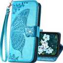 Compatible with iPhone 14 Wallet Case for Women,Flip Folio Butterfly Embossed PU Leather Card Holder Slots Stand with Wrist Strap Protective Phone Cover for iPhone 14 6.1 Inch (Blue)