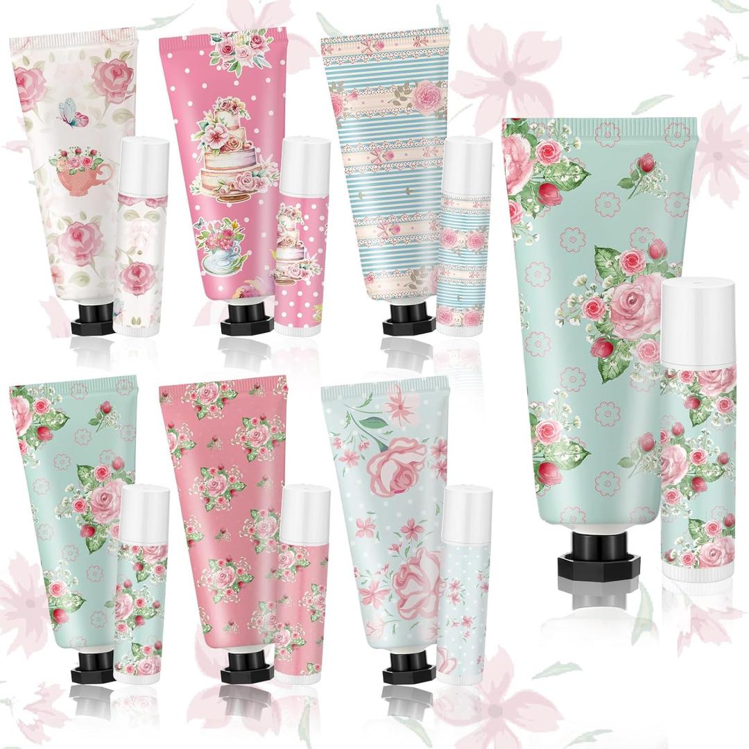 6 Sets Tea Party Favors Mini Hand Cream Lip Balm Bulk Gift Set for Women Travel Size Hand Lotion Vintage Floral Moisturizing Lip Balm Gifts for Graduation Wedding Baby Shower Summer Travel