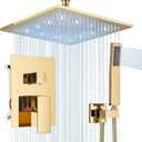 Polished Gold Shower System 12 Inch LED Square Rainfall Shower Head Ceiling Mount Shower Faucet Set with Hand Sprayer Rough-in Valve Trim Kit Bathroom Mixer Shower Combo Set