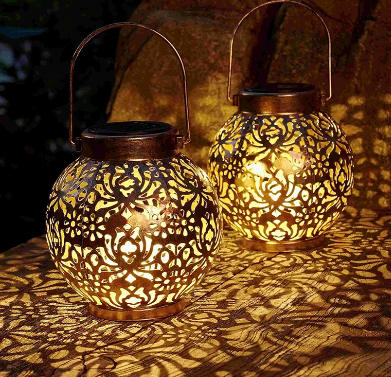 Set of 2 Solar Lanterns Outdoor Hanging Decorative Lights for Garden Patio Porch Decorations. (Bronze)