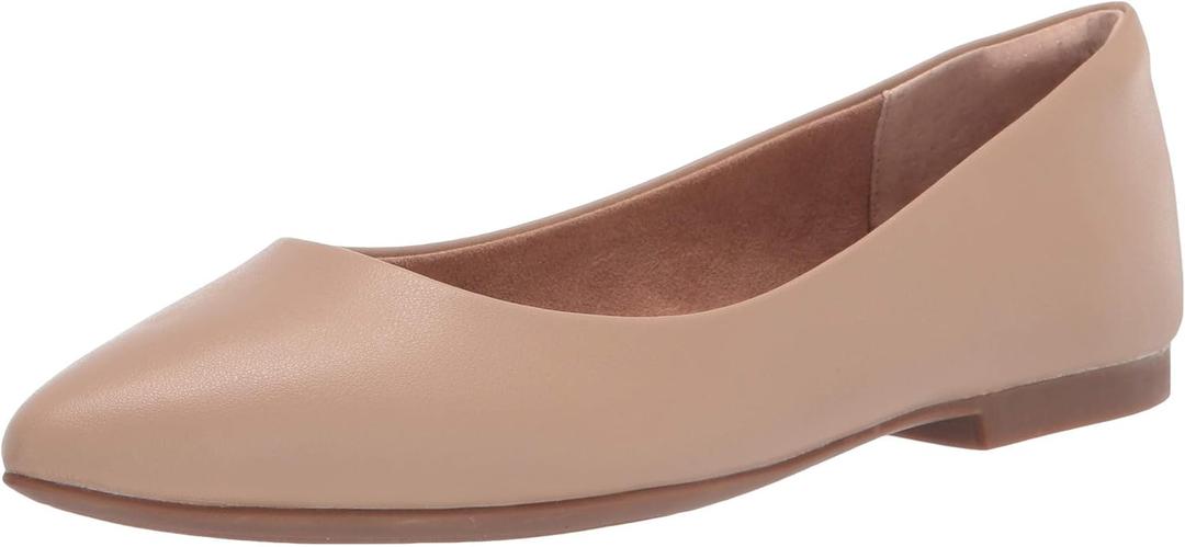 Amazon Essentials Women's Pointed-Toe Ballet Flats (12, Beige Faux Leather)