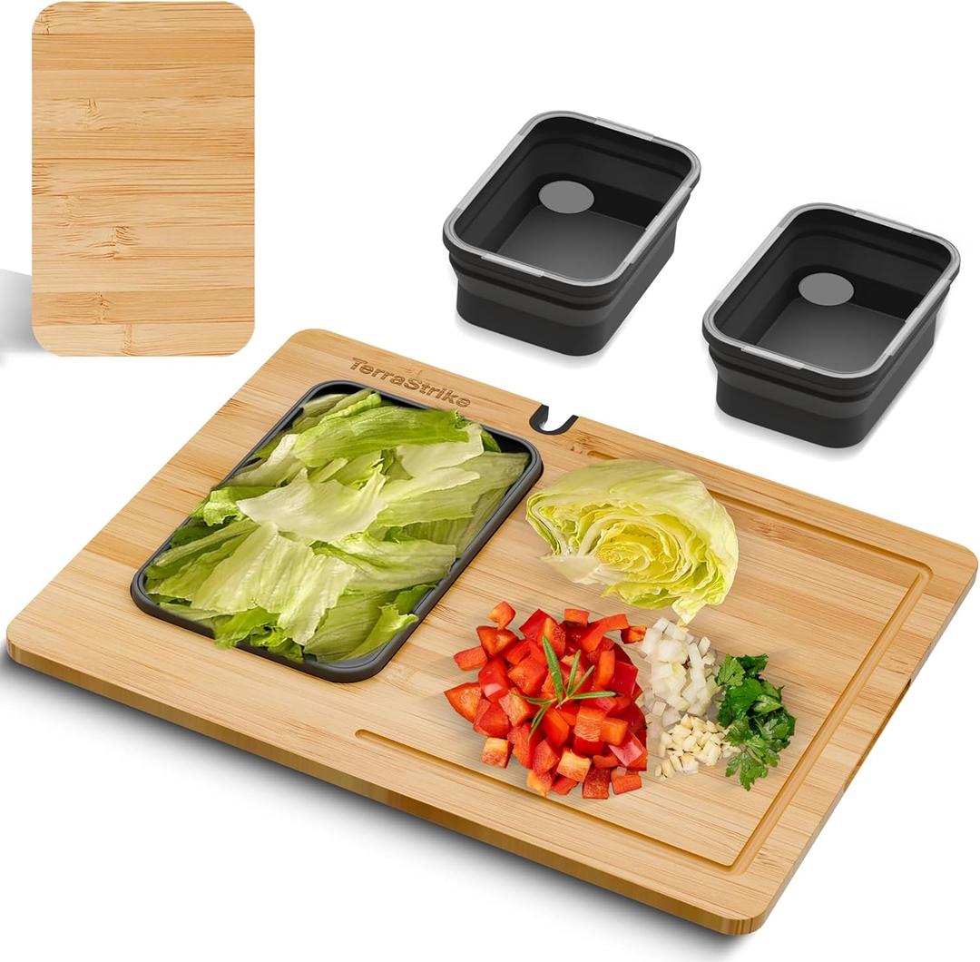 Bamboo Cutting Board Set with Knife Sharpener  Thick Wood Boards with Juice Groove, Silicone Container & Handles Non-Toxic Over Sink Design Ideal Kitchen Gifts